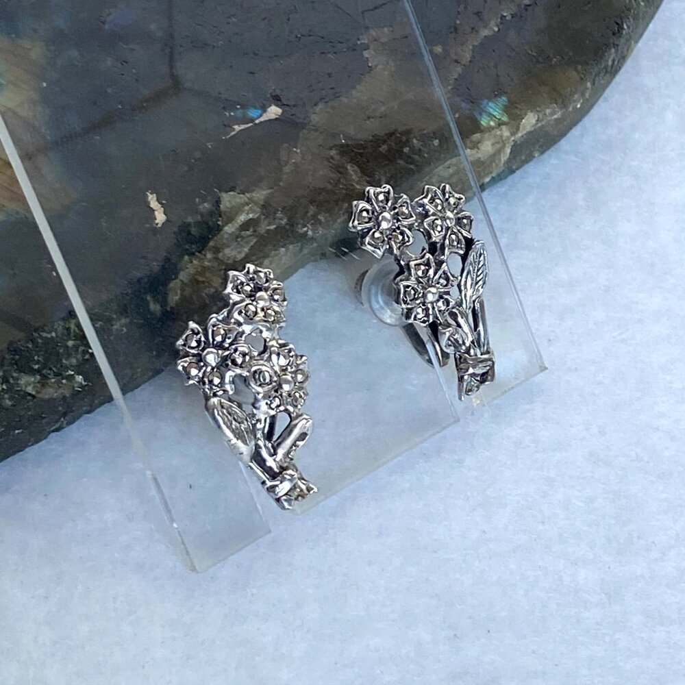 VTG Sterling Silver 925 Marcasite Flower Floral Dainty Screwback Earrings - Picture 9 of 12